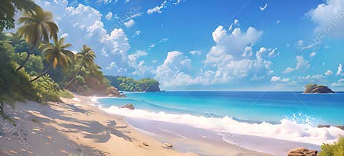 Serene tropical beach paradise with lush palms and white sand