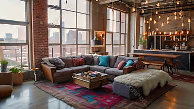 A comfortably furnished living room flooded with natural light from the multiple large windows, A chic industrial loft space with