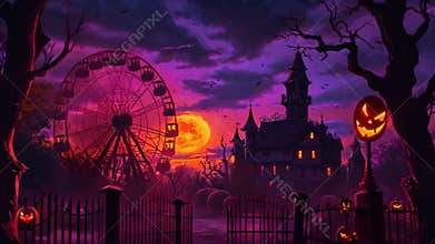 A Halloween scene featuring pumpkins and a lit-up ferris wheel in the background, Halloween carnival with ferris wheel and haunted