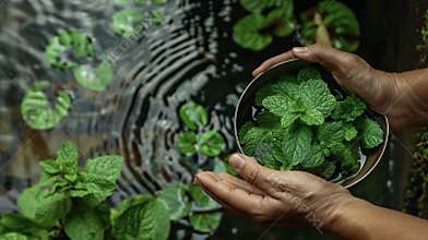 A hand holding a bowl of fresh mint leaves ready to be crushed and added to the theutic bath. The vibrant green leaves