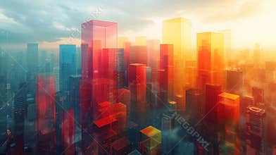 A cityscape is overlaid with colorful geometric shapes representing the various applications of blockchain technology in