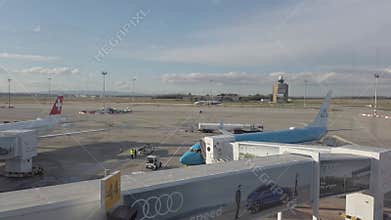Hungary Budapest commercial planes loading and park at the international airport