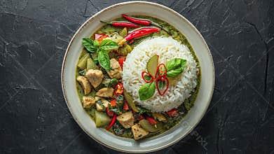 Delicious Thai Green Curry Chicken With Rice and Fresh Vegetables