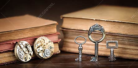 Antique keys with books, escape room game banner
