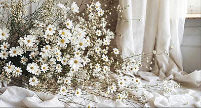 White chamomile flowers in a cozy interior, perfect wedding background.
