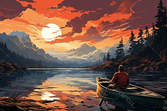 Tranquil fishing scene man catches big mouth perch on bass boat, seagulls in vibrant colors
