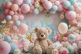A teddy bear is sitting in front of a pink and blue archway of balloons