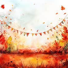 Colorful watercolor drawing in hanging party flag shape on fall orange park background, copy space