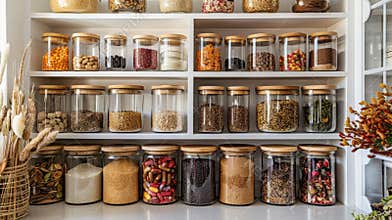 Elegant pantry organization with open shelves featuring clear containers and natural elements