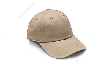 Angle view of beige baseball caps mockup on white background, with space for your logo or design. Mock-up for branding
