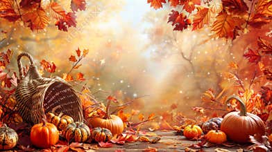 fall harvest decor, a festive thanksgiving greeting card background design, featuring a stunning cornucopia centerpiece