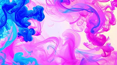 Vibrant, neon-colored smoke in shades of electric blue and neon pink swirling and intertwining on a white background. The smoke