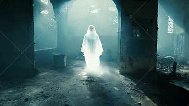 A ghostly apparition made of light and glowing fabric floats through a lost place building