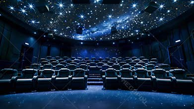A dark room houses a planetarium with a starry projection ceiling and soft seats for guests to comfortably view the show