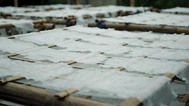 Cassava Crackers Drying On Bamboo Racks Under Natural Sunlight A Traditional Food Preservation Method Under Daylight