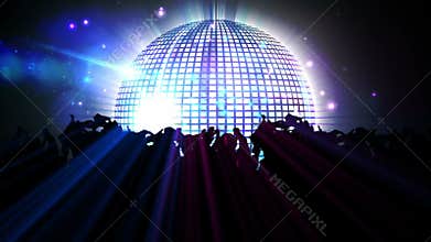 Nightclub with disco ball and dancing crowd