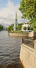 Russia, St.Petersburg, 25 June 2025: St.Nicholas cathedral, the embankment of the Kryukov Canal and the Griboyedov Canal