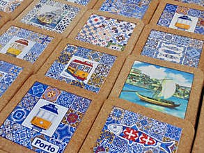 Portuguese souvenir coasters with Porto and tram designs