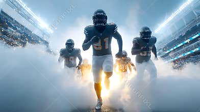 Football player running through smoke tunnel into stadium with dramatic lighting and crowd