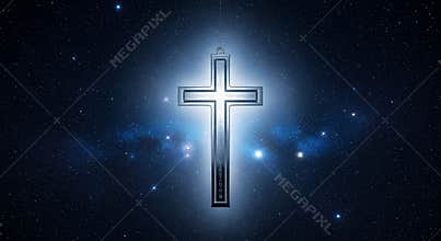 Silver Cross Centered Against A Starry Cosmic Background With Blue Nebula Glow