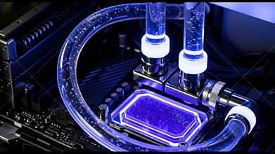 Computer water cooling system with bright blue liquid in tubes and processor block, showcasing modern pc technology