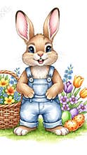Cute cartoon rabbit wearing blue overalls smiles while holding a butterfly near a basket filled with colorful eggs and