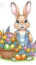 Cute cartoon rabbit wearing blue overalls smiles while holding a butterfly near a basket filled with colorful eggs and