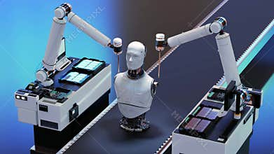 3d rendering robot assembly line producing cyborg in factory