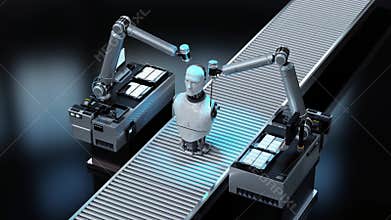 3d rendering robot assembly line producing cyborg in factory