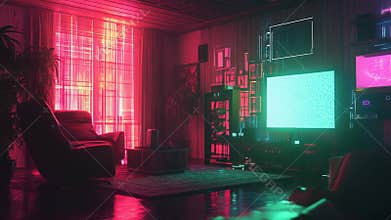 Cyberpunk living room with neon ambient lighting