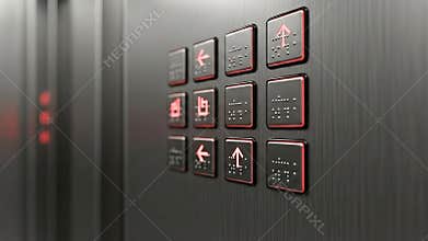 Elevator Control Panel Close-Up View Featuring Tactile Braille Signage and Illuminated Red Directional Arrows on a Dark Textured