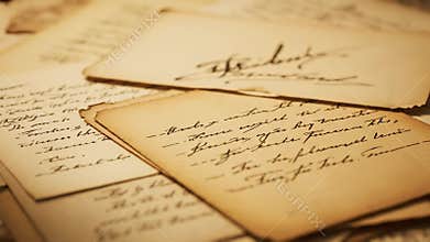 Macro perspective gliding across a stack of aged, yellowed letters and documents showcasing intricate, timeless cursive writing on