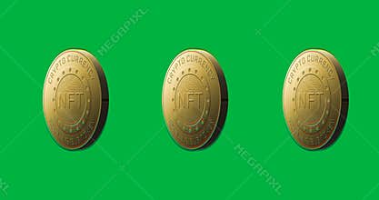 Animation of row of golden nft coins spinning over transparent background