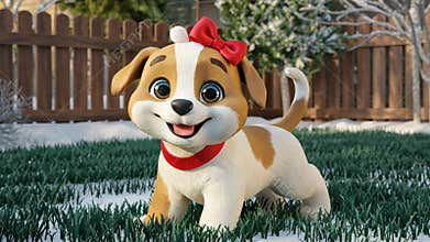 Cute Puppy With Red Bow Standing in Snowy Garden in Winter Sunshine