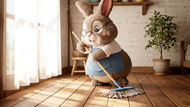 Bunny Housekeeping A Wood Floor With A Mop In The Morning