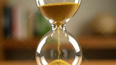 Golden Sand Flows Through Hourglass Timer Measuring Time Passing On Wooden Surface