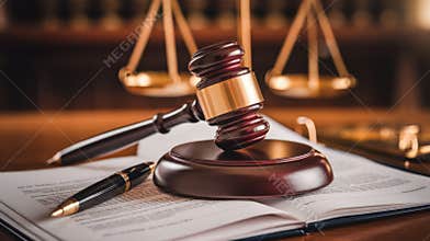Gavel and Pen Rest on Legal Document, Surrounded by Scales of Justice in Courtroom