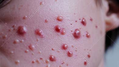 Chickenpox blisters evolving on infected skin