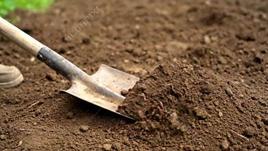 Digging Soil in Garden With a Shovel During the Day
