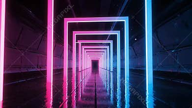 Neon squares lead down abstract hallway