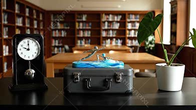 Still Life Composition with Antique Clock Figurines Suitcase and Potted Plant on a Dark Wooden Desk in a Classic Library Setting