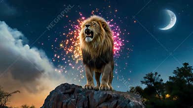 Majestic Roaring Lion with Magical Sparks Under a Crescent Moon