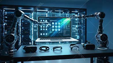 Futuristic Robotic Arms Orchestrate Advanced Technology in a Sleek Cyberpunk Laboratory Setting with Virtual Reality Headsets
