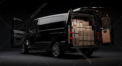 Black delivery van with open doors and packages inside ready for shipping and transport