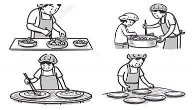 Black and White Stick Figure Illustrating People Cooking Food Preparation Process
