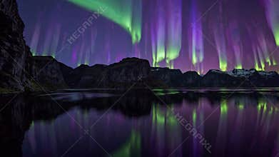 Northern Lights Reflected, Spectacular Aurora Borealis Illuminates Mountain Lake with Vibrant Colors, Stunning vivid