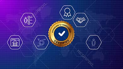 standard and compliance certified quality assurance badge with business management icons on world map background