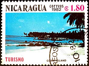1982 Nicaragua Postage Stamp Featuring the Tropical Landscape of Corn Island, Part of the \"Turismo\" Promotional Series