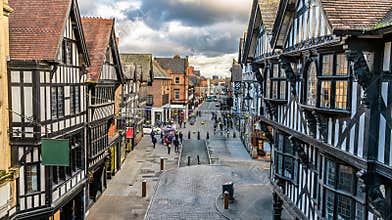 A view from the city walls east down Eastgate Street in the city of Chester