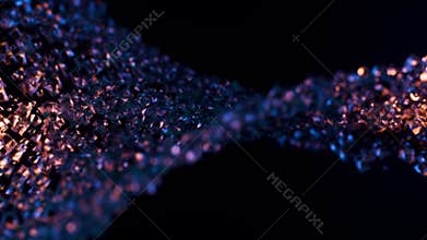 Abstract flowing structure made of glossy crystals illuminated in deep blue and warm orange tones